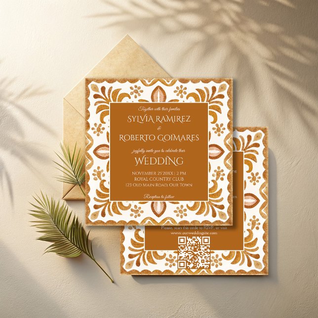 Invitación Boda elegante marrón de Talavera Mexicana con RSVP (Mexican brown Talavera elegant vintage wedding invitations with RSVP template instant download)