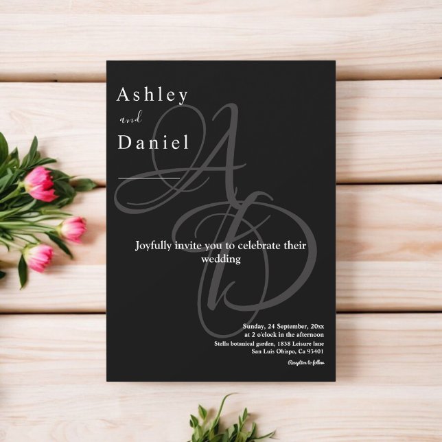 Invitación Boda Elegante Mínima De Monograma Blanco Y Negro (Subido por el creador)