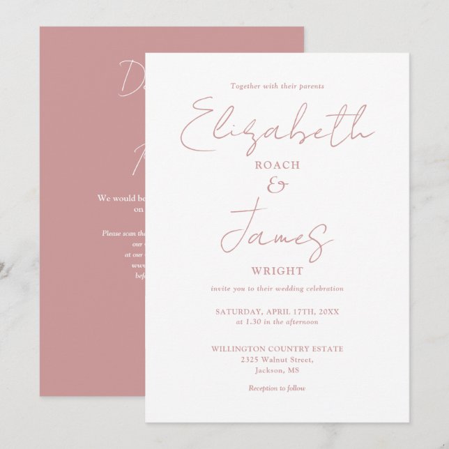 Invitación Boda elegante minimalista rosa polvoriento Código  (Anverso / Reverso)