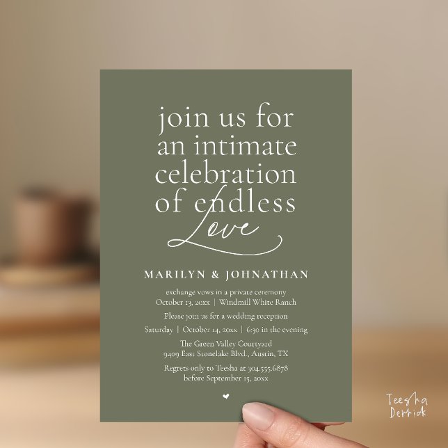 Invitación Boda elegante moderna, amor interminable, recepció (Modern Elegant Wedding, Endless Love, Reception Dinner Invitation Card in Olive Sage Green)