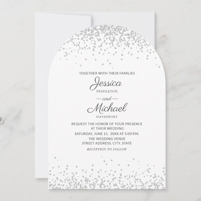 Invitación Boda elegante moderna arco blanco plata brillo (Anverso)