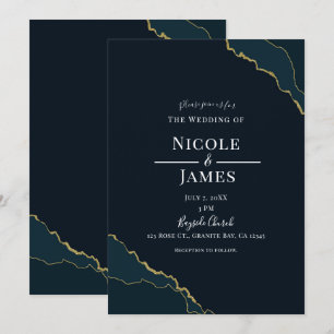 Invitación Boda elegante moderna azul marino oscuro y dorado