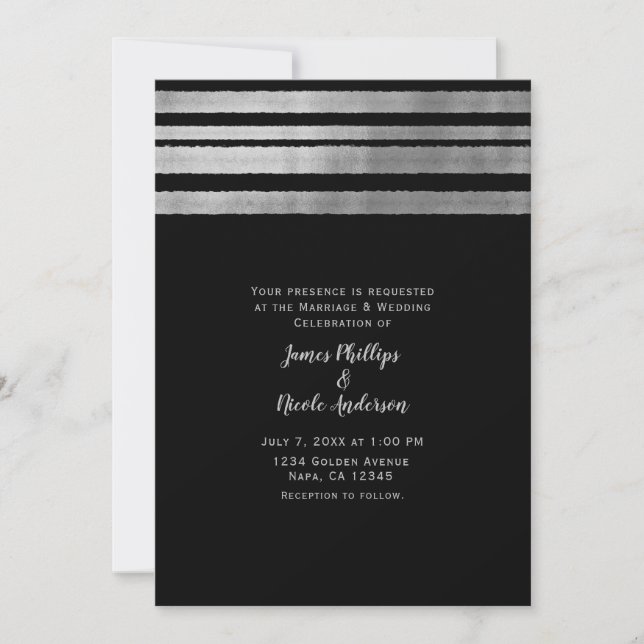 Invitación Boda elegante moderna chic de plata y negro (Anverso)