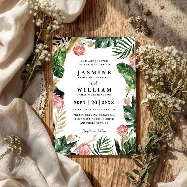 Invitación Boda elegante moderna con código QR de hoja de pal (Subido por el creador)