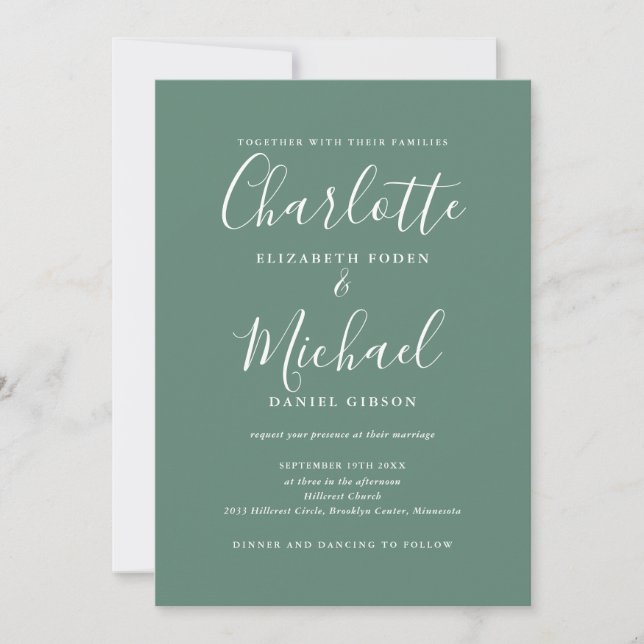 Invitación Boda elegante moderna con código QR en verde eucal (Anverso)
