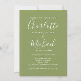 Invitación Boda elegante moderna con código QR en verde musgo