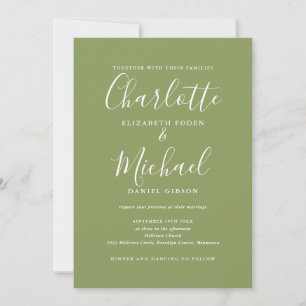 Invitación Boda elegante moderna con código QR en verde musgo