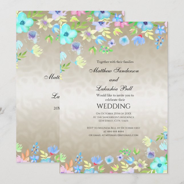 Invitación Boda elegante moderna con flores Verde azuladas (Anverso / Reverso)