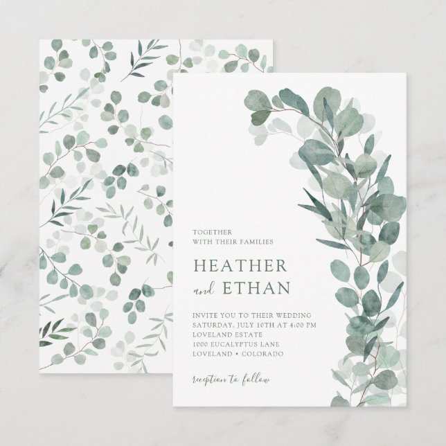 Invitación Boda elegante moderna con vegetación de eucalipto (Anverso / Reverso)