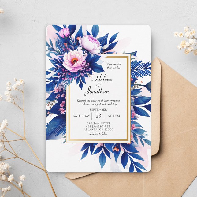 Invitación Boda elegante moderna de flor rosa azul cobalto (Cobalt Blue Pink Floral Modern Elegant Wedding Invitation)
