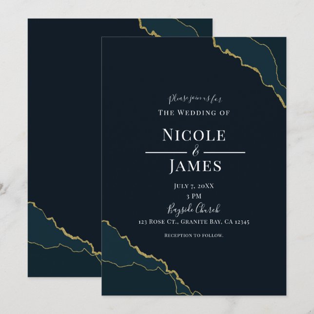 Invitación Boda elegante moderna de la Marina Oscura, azul y  (Anverso / Reverso)