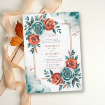 Boda elegante moderna de otoño en azul turquesa y