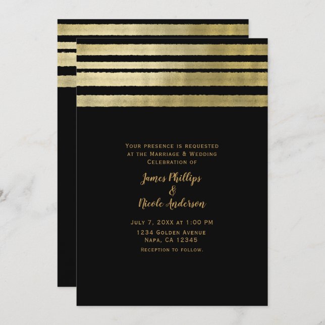 Invitación Boda elegante moderna dorada y negra (Anverso / Reverso)