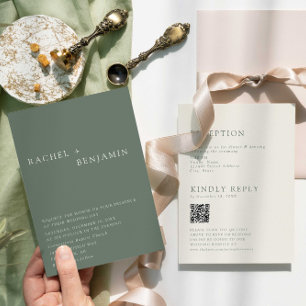Invitación Boda elegante moderna en verde salvia con código Q