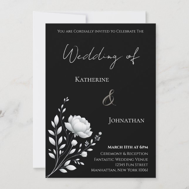 Invitación Boda elegante moderna Flor blanca y negra (Anverso)