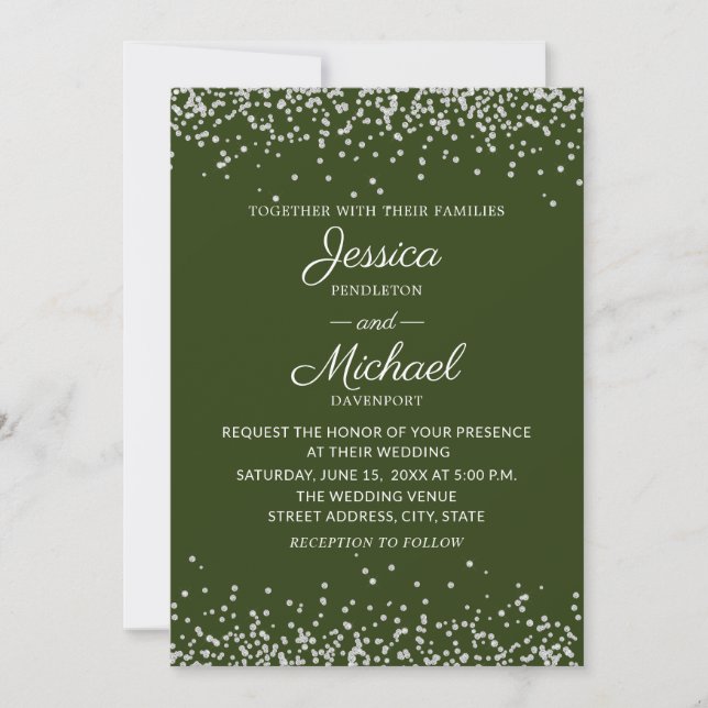 Invitación Boda elegante moderna verde plata brillo (Anverso)