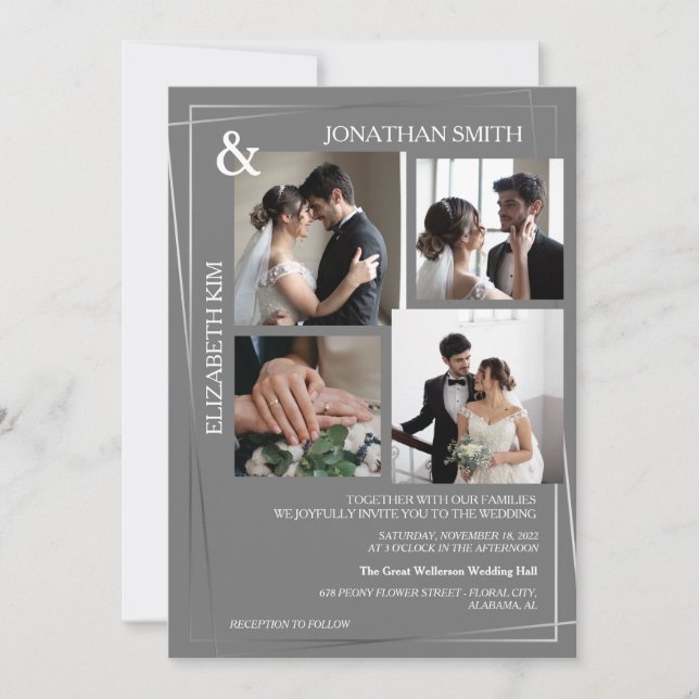 Invitación Boda elegante moderno de guión 5 de cuadrícula fot (Anverso)