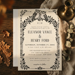 Invitación Boda Elegante Monocroma de Búho Botánico en el Bos