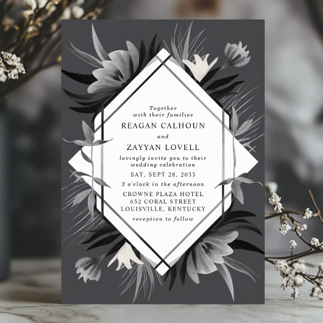 Invitación Boda elegante monocromática floral geométrica mode (Subido por el creador)