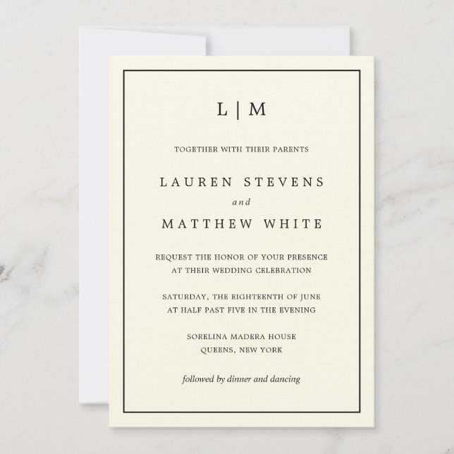 Invitación Boda Elegante Monograma Amarillo Mantequilla Moder (Anverso)