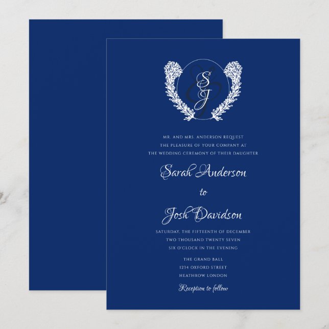 Invitación Boda elegante monograma azul real (Anverso / Reverso)