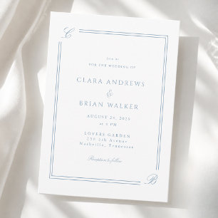 Invitación Boda Elegante Monograma Blanco Borde Azul