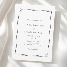 Invitación Boda Elegante Monograma Blanco Borde Negro