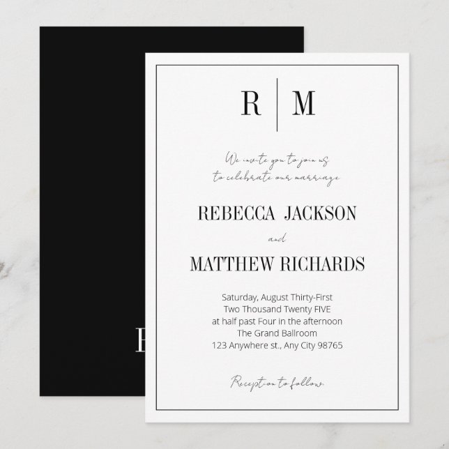 Invitación Boda elegante monograma blanco negro clásico (Anverso / Reverso)