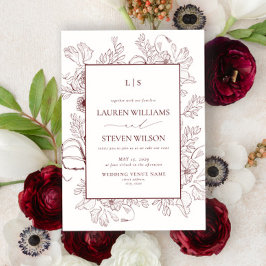 Invitación Boda elegante Monograma Borgoña Floral Line Art