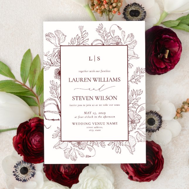 Invitación Boda elegante Monograma Borgoña Floral Line Art (Subido por el creador)