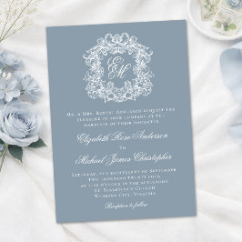 Invitación Boda Elegante Monograma Cresta Azul Polvoriento