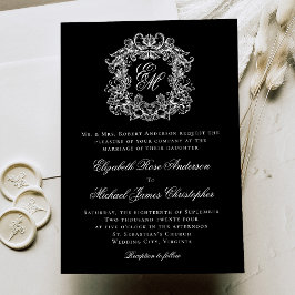 Invitación Boda Elegante Monograma Cresta Blanco y Negro