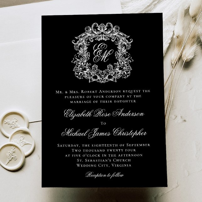 Invitación Boda Elegante Monograma Cresta Blanco y Negro (Subido por el creador)