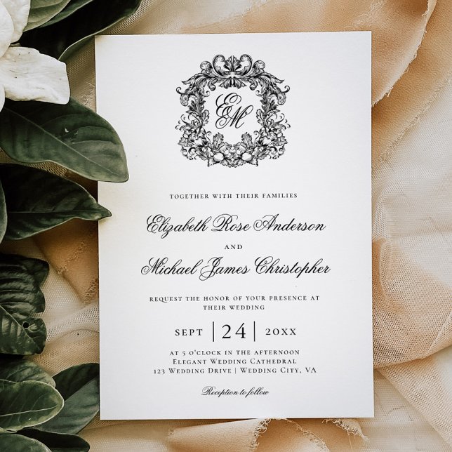 Invitación Boda Elegante Monograma Cresta Negro Blanco (Subido por el creador)