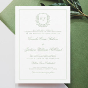 Invitación Boda Elegante Monograma Cresta Verde Salvia