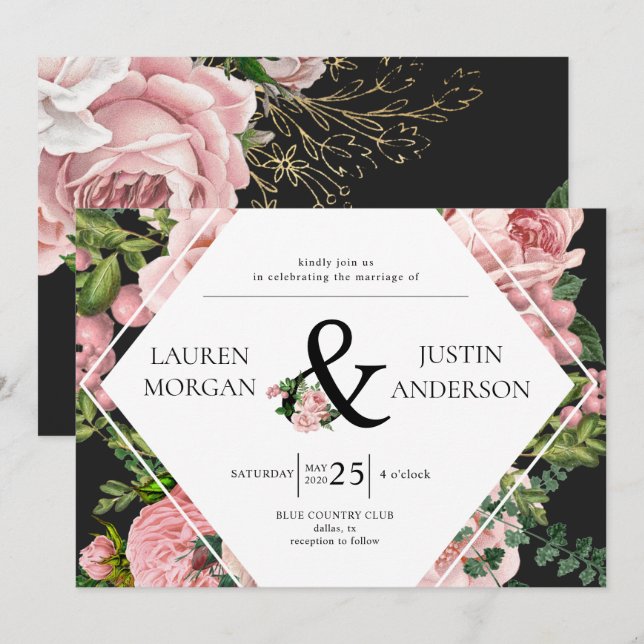 Invitación Boda elegante monograma de Rosas de Rubor de época (Anverso / Reverso)