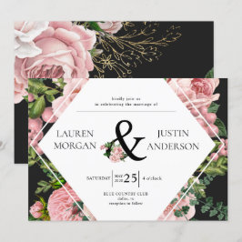 Invitación Boda elegante monograma de Rosas de Rubor de época