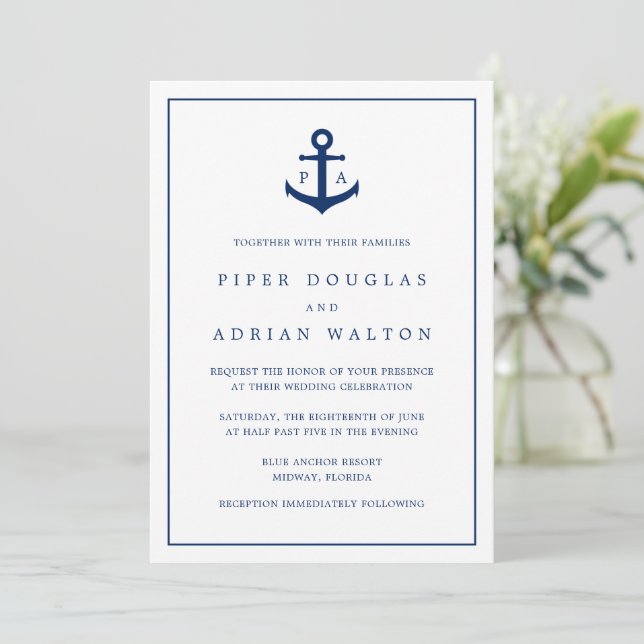 Invitación Boda elegante monograma náutico moderno (Anverso de pie)