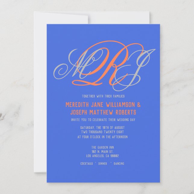 Invitación Boda Elegante Monograma Real Coral Gris Azul (Anverso)