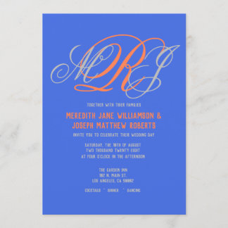 Invitación Boda Elegante Monograma Real Coral Gris Azul