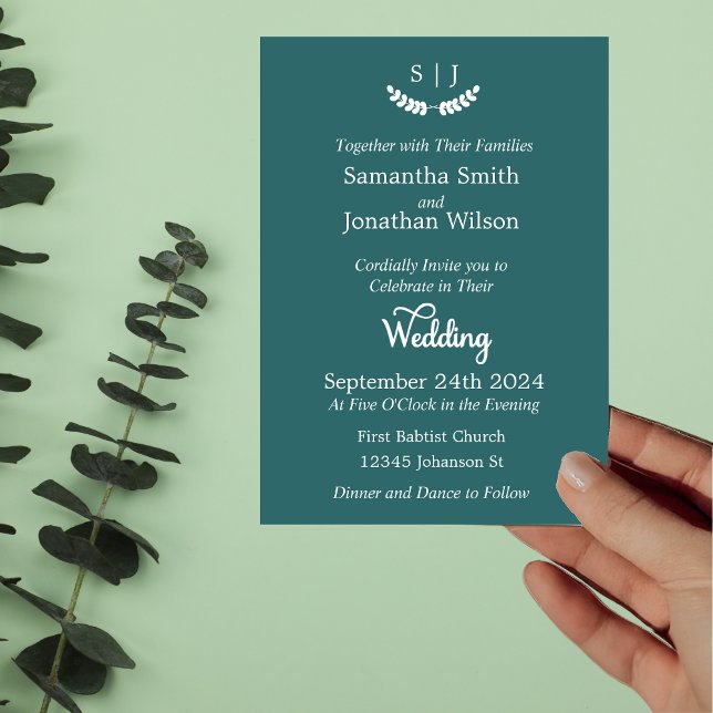 Invitación Boda elegante monograma verde de tono de joyas (Subido por el creador)