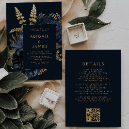 Invitación Boda elegante Moody Dark Floral Blue Gold