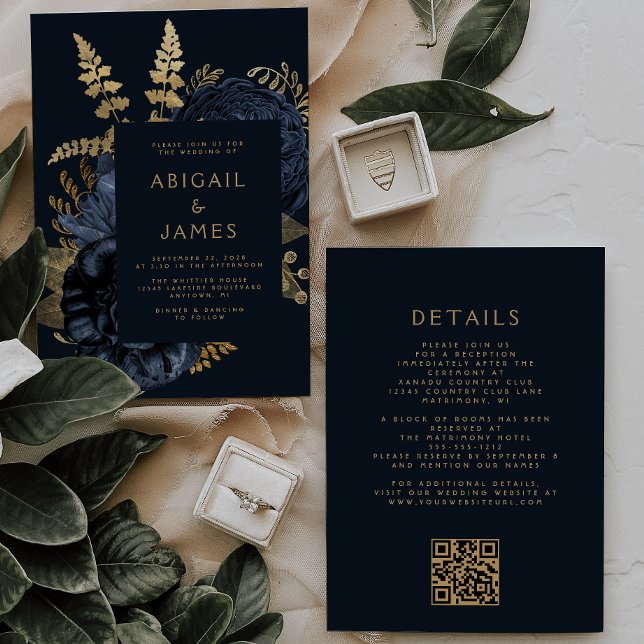 Invitación Boda elegante Moody Dark Floral Blue Gold (Subido por el creador)