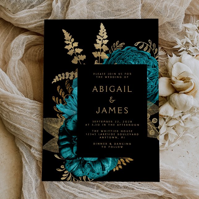 Invitación Boda elegante Moody Dark Floral Turquesa Gold (The perfect choice for a romantic turquoise and gold themed wedding.)
