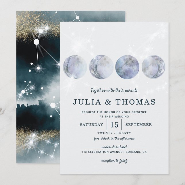 Invitación Boda elegante Moon Blue Gold Stars (Anverso / Reverso)