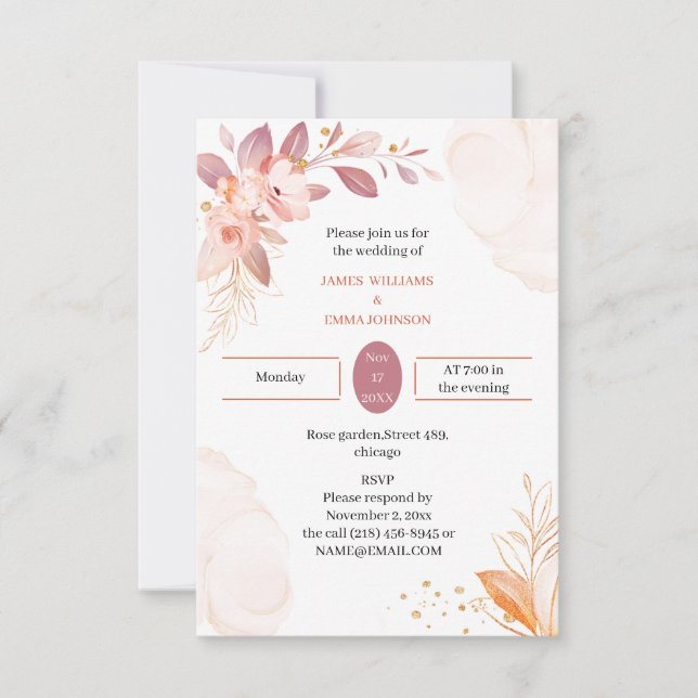 Invitación Boda  elegante Naranja flor (Anverso)