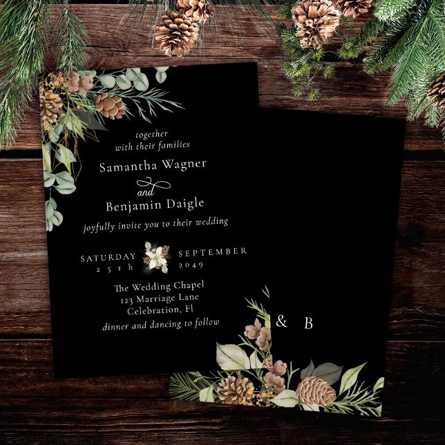 Invitación Boda Elegante Negra De Vegetación De Invierno (Subido por el creador)