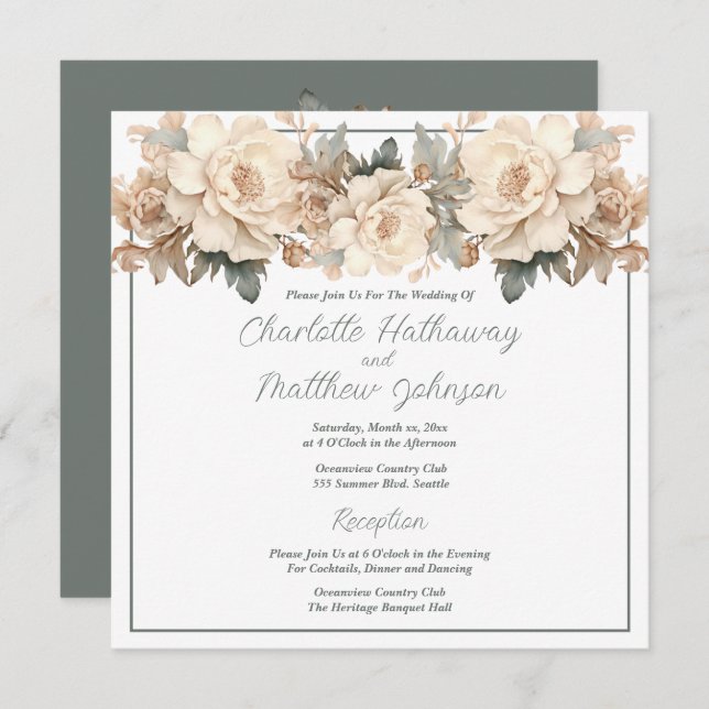 Invitación Boda Elegante Negrita Floral Crema Taupe (Anverso / Reverso)
