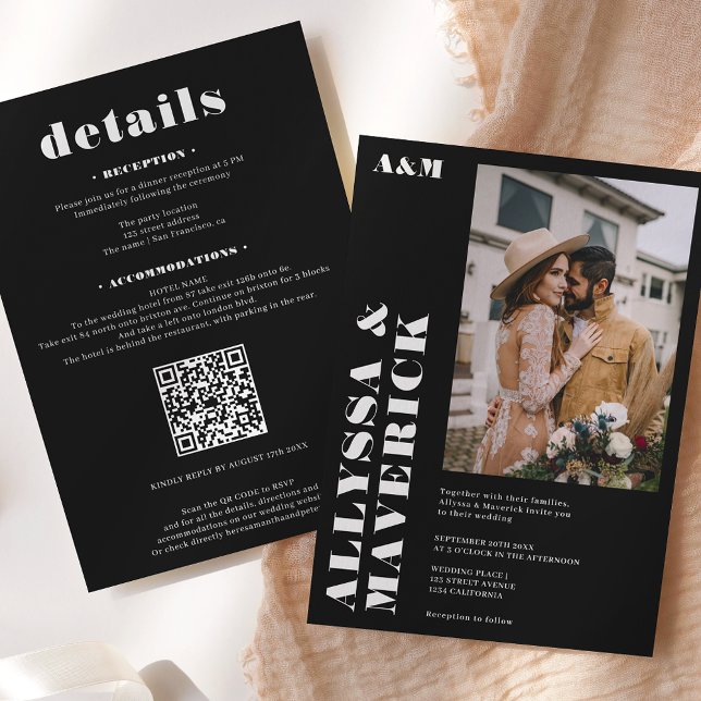 Invitación Boda elegante negrita simple de fotos en blanco ne (Subido por el creador)