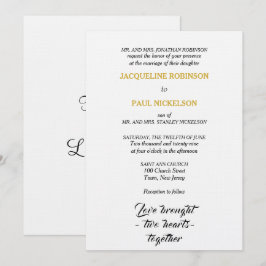 Invitación Boda elegante negro blanco dorado dos corazones